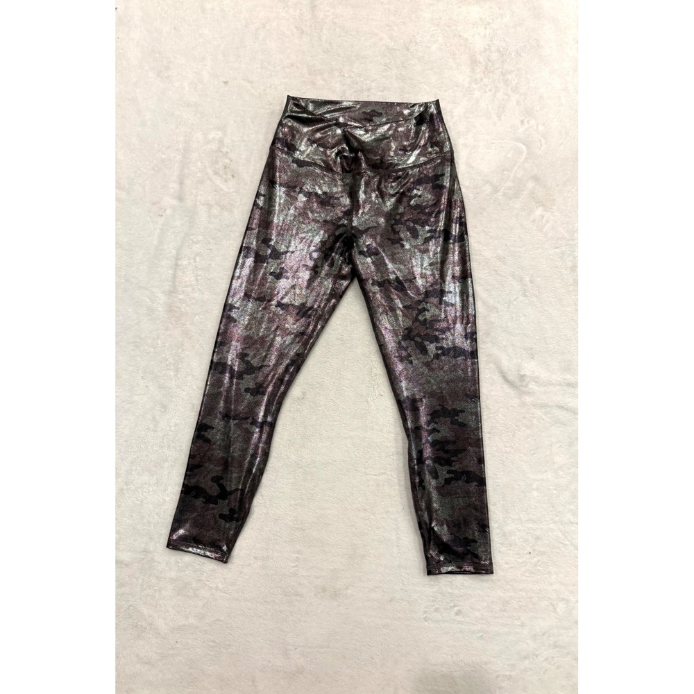 Fabletics PowerHold Metallic Camo Leggings‎ Purple Silver Foil High Waist Crop